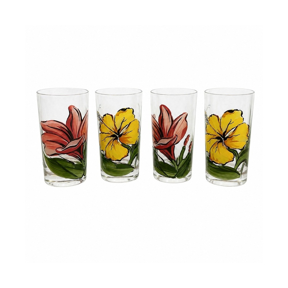 Set of 4 Vintage Hand‎ Painted Floral Glasses 5" tall 1950s